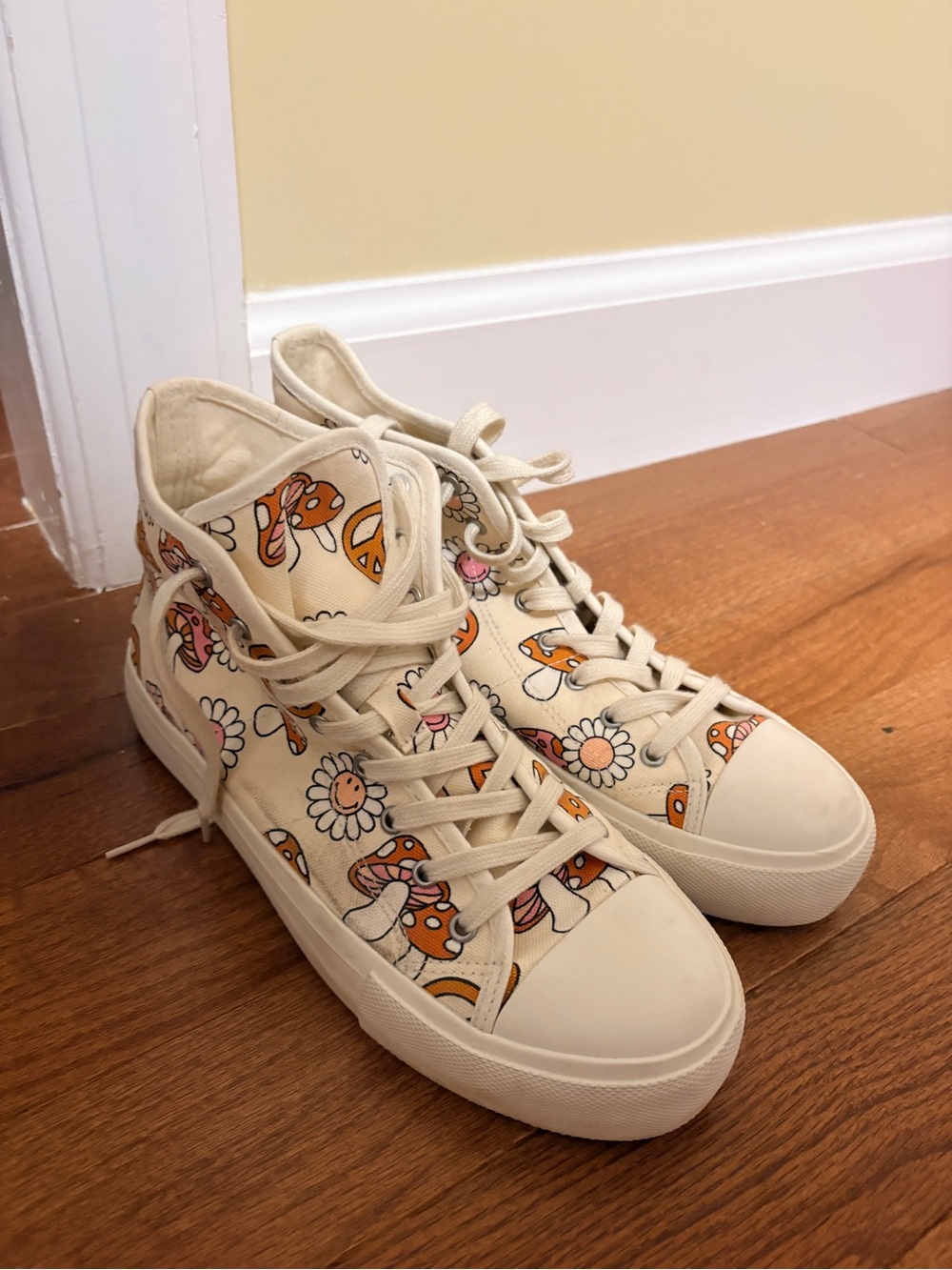 Cream Canvas High-Top Sneakers with Orange Flower & Mushroom Print